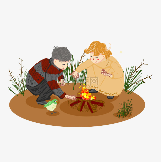 篝火取暖的小男孩手绘插画