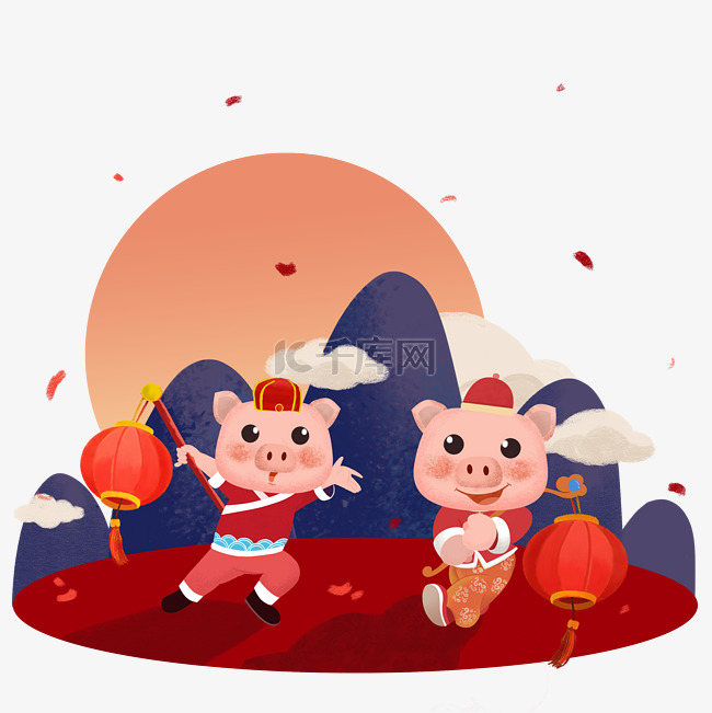 可爱猪中国红唐装灯笼远山元旦新