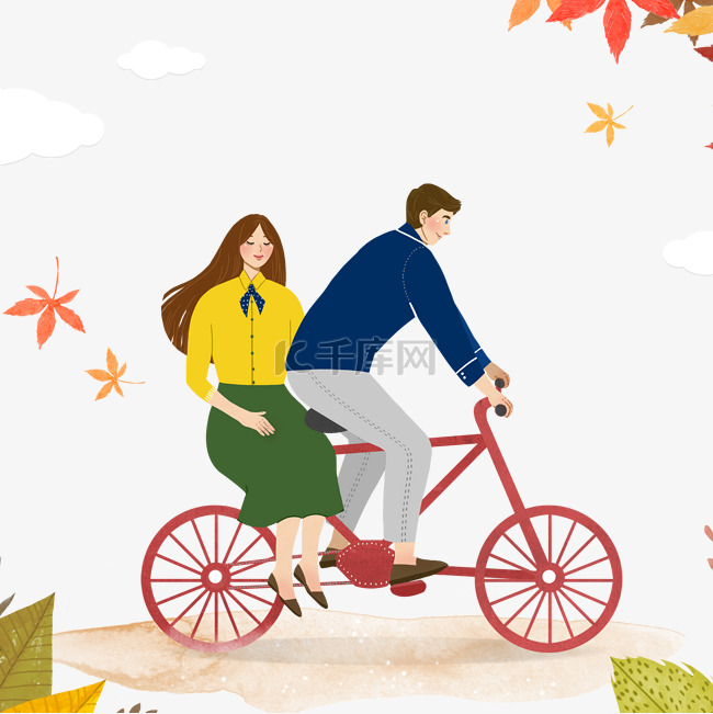 情人节男女骑自行车手绘