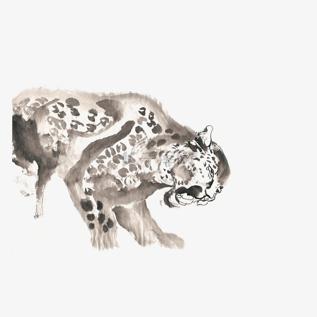 低头的豹子水墨画PNG免抠素材