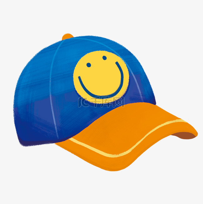 手绘插图蓝色微笑棒球帽PNG透