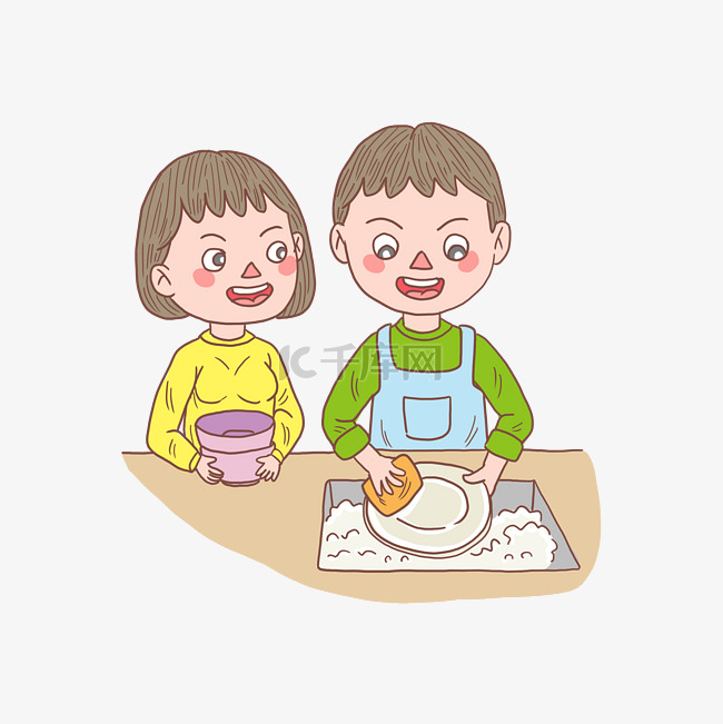 卡通手绘人物夫妻洗盘子