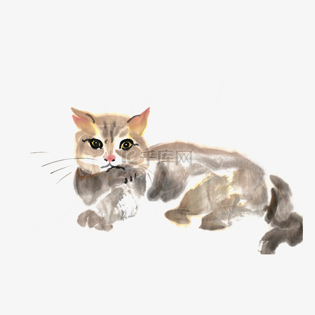慵懒的小猫水墨画PNG免抠素材