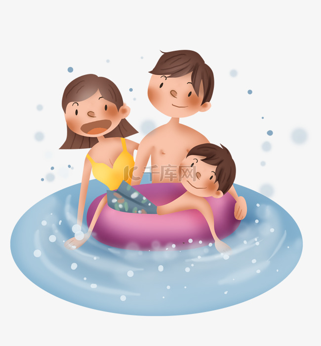 夏季游泳避暑的一家人