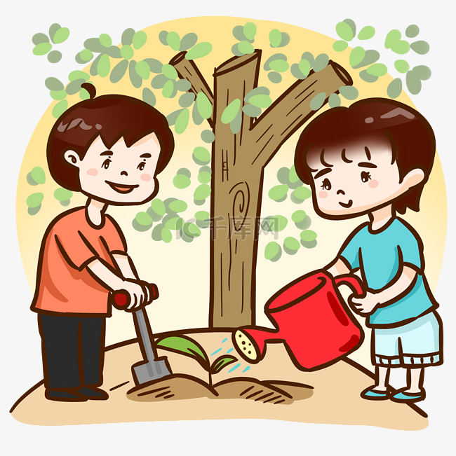 植树节妈妈挖土浇水种树苗手绘人