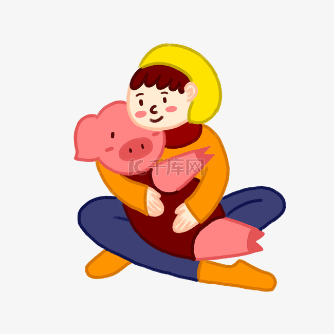 手绘卡通2019猪年少女和小猪