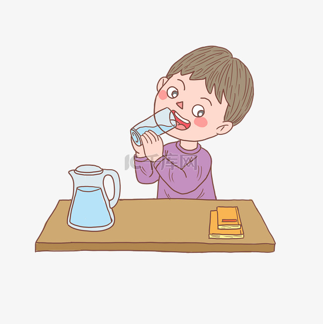 卡通手绘人物小男孩喝水