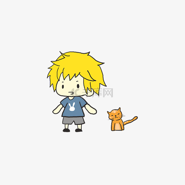 儿童节手绘小男孩和猫
