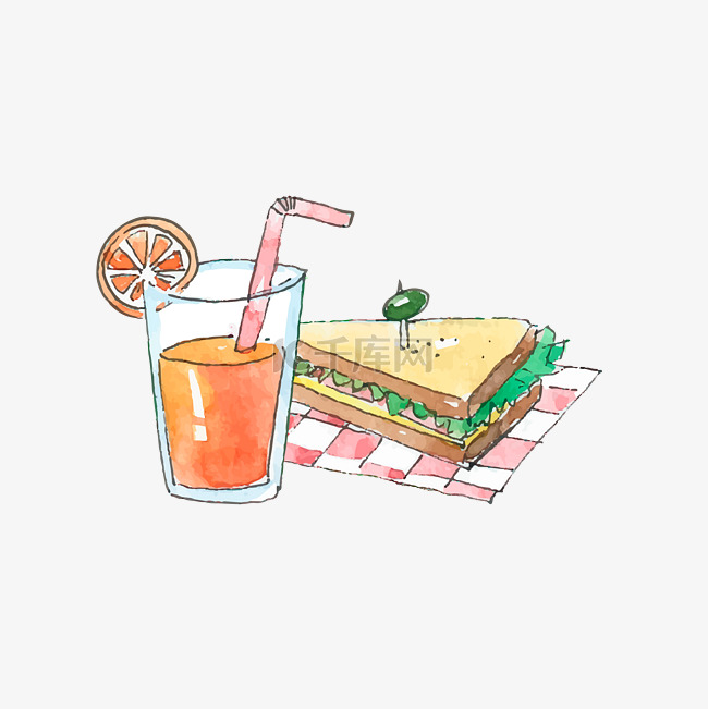 手绘夏季夏天暑期暑假饮料三明治