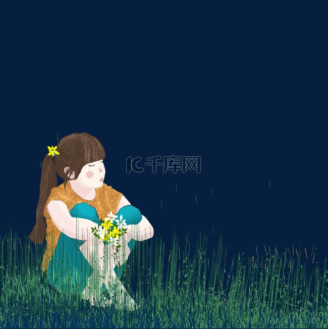 夏天绿色手绘草丛中乘凉的小女孩