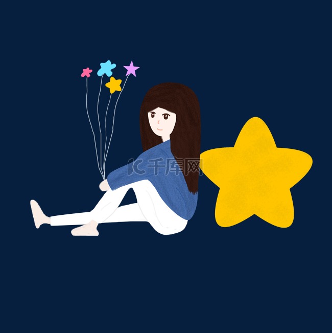 卡通坐在地上靠着星星的女孩