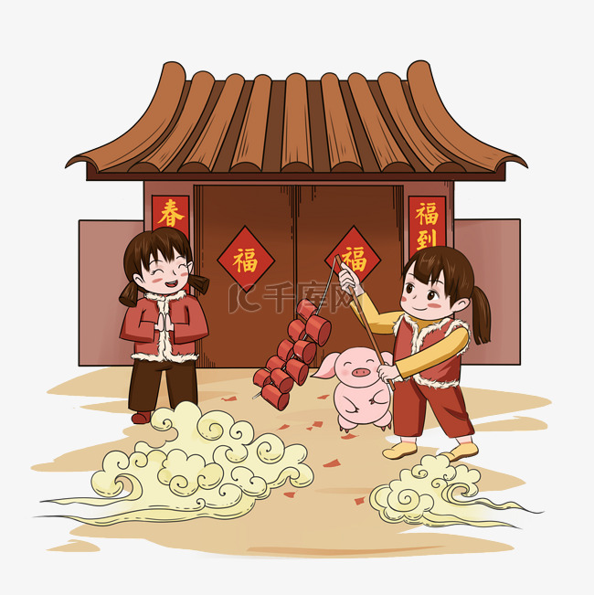 新年中国风卡通手绘放鞭炮