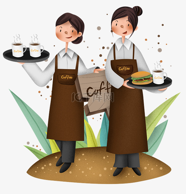 工作系列手绘咖啡店女服务员