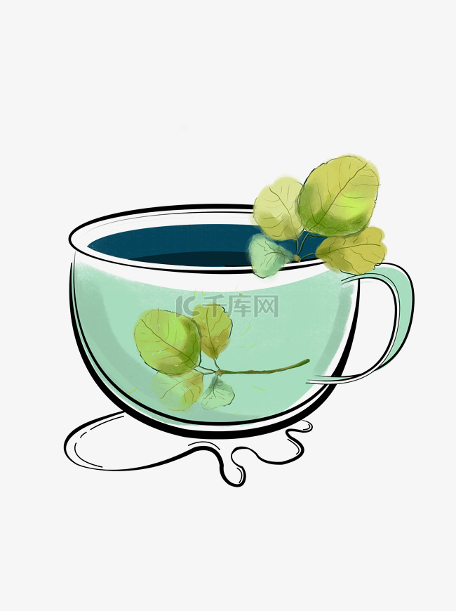 卡通茶杯树叶液体
