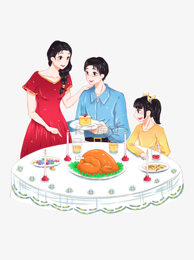 手绘感恩节家人一起温馨吃晚餐商