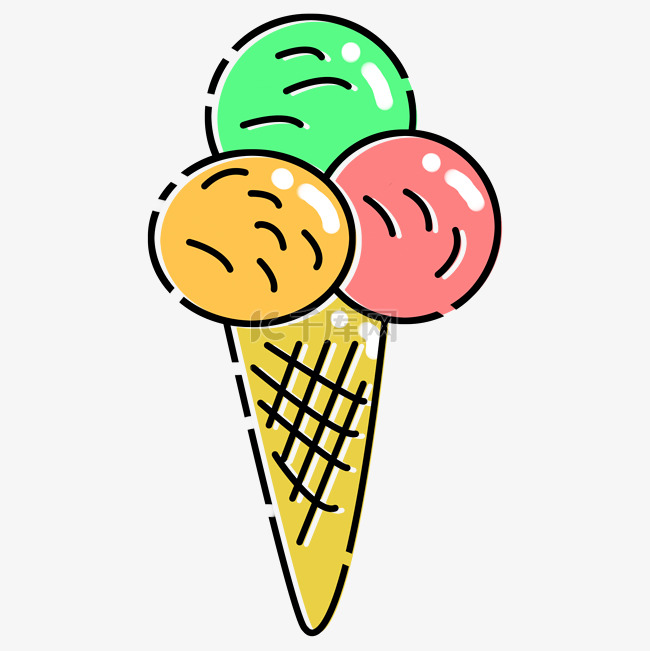 彩色冰淇淋球的卡通甜筒免抠图