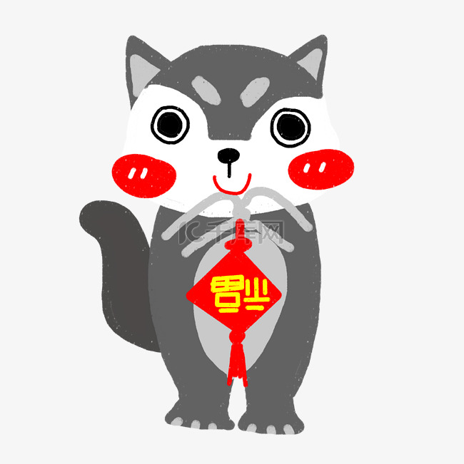 叼着福字中国结的猫咪插画