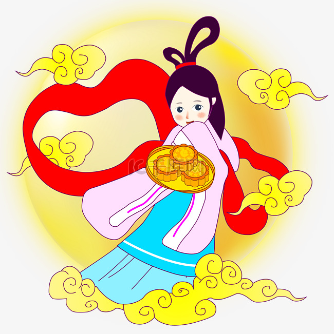 中秋节手绘嫦娥送月饼插画