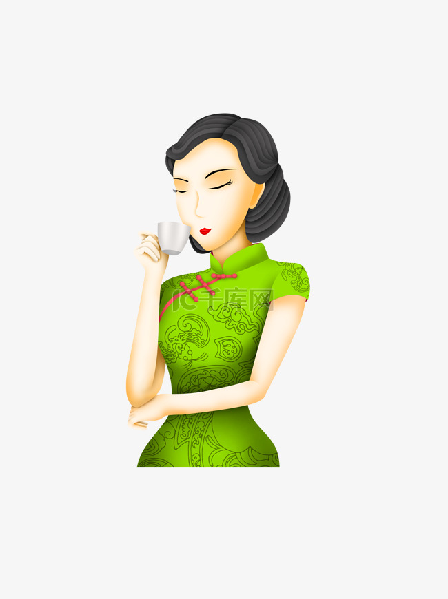 穿绿色旗袍喝咖啡的优雅女人卡通
