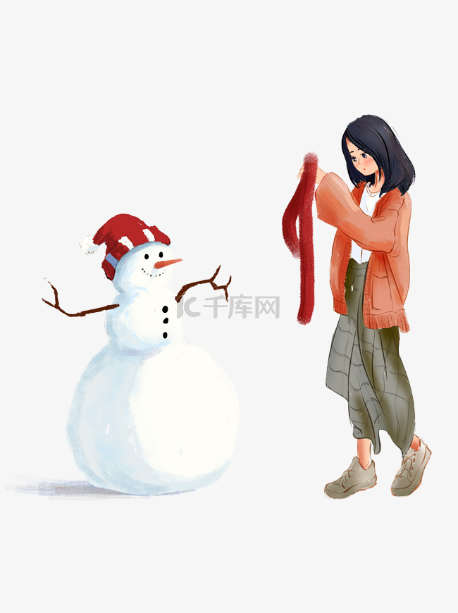 小清新给雪人围围巾的女孩插画人