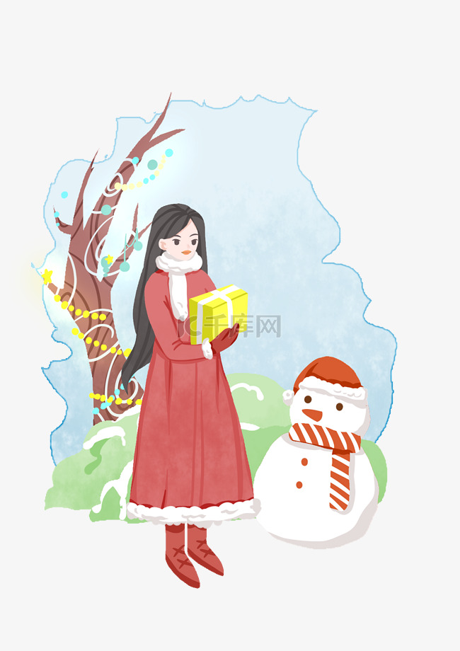 手绘圣诞节穿红大衣女孩插画
