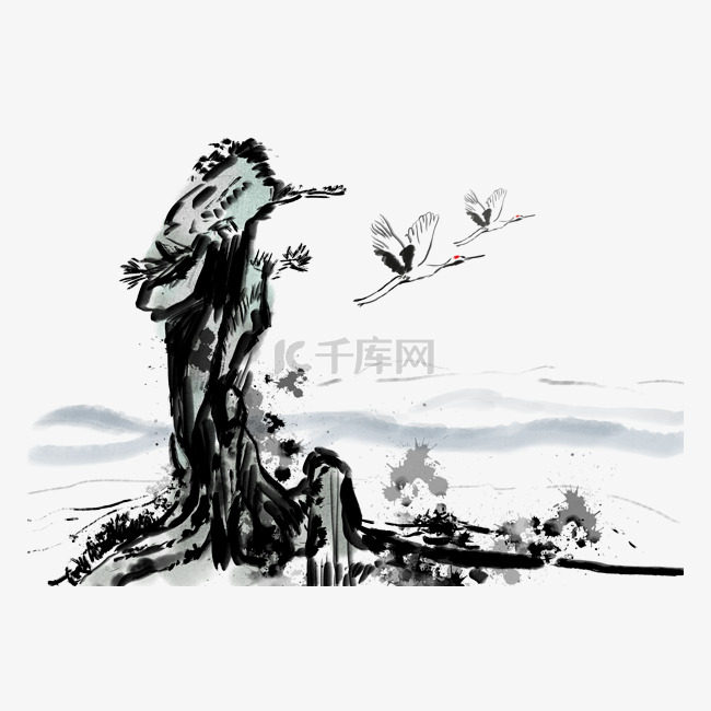 古树假山中国风水墨背景