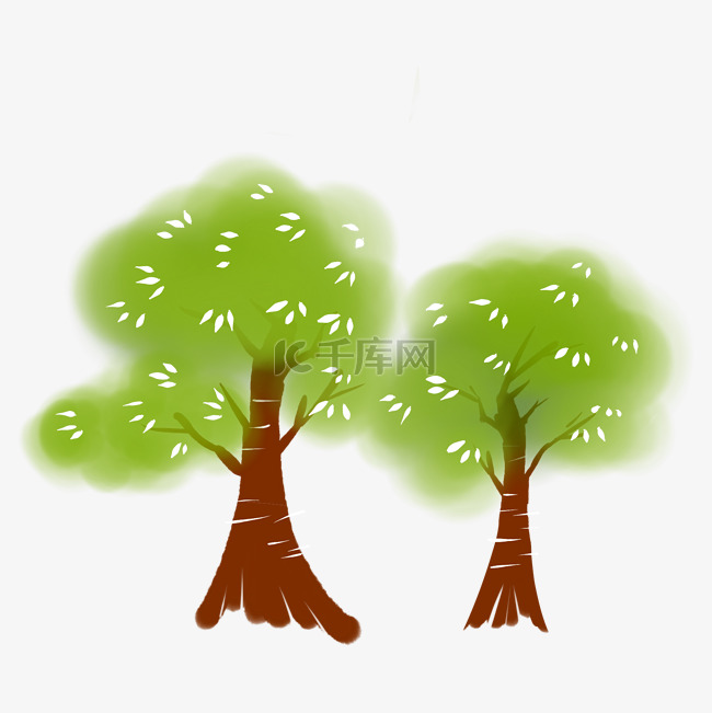 一组水彩手绘茂盛的绿树