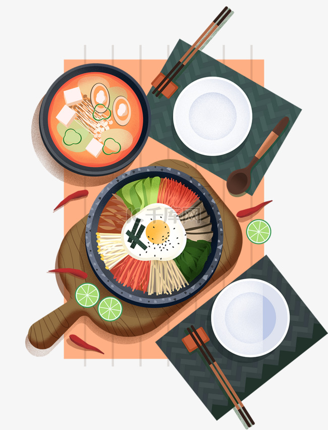 韩国美食之石锅拌饭主题插画
