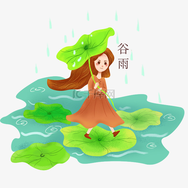 谷雨拿着叶子的小女孩