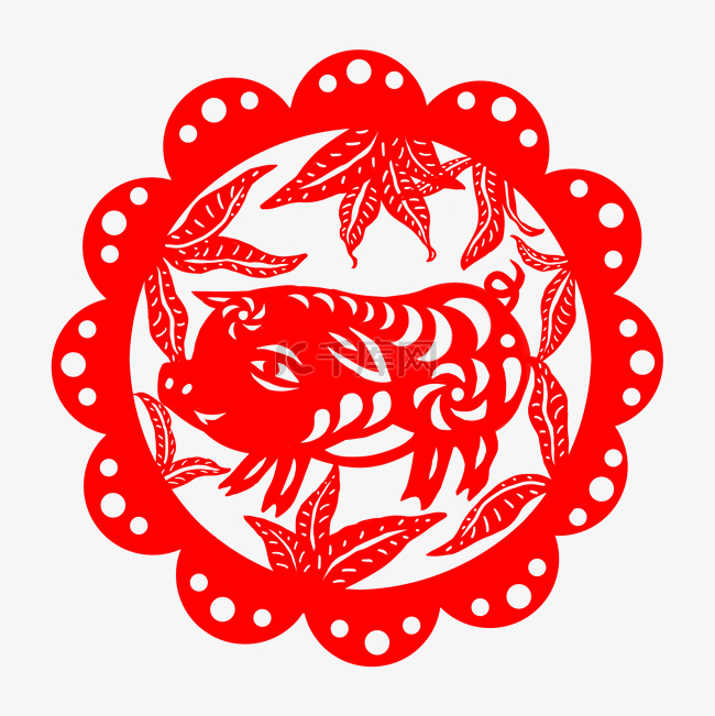 中国风红色喜庆生肖猪剪纸插画