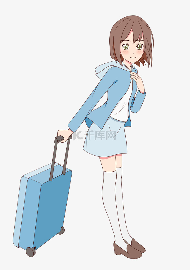 蓝色行李箱与少女