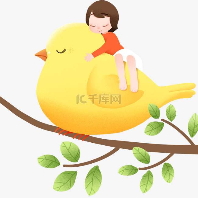 抱着小黄鸟的女孩在树枝上睡觉