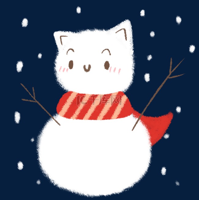可爱手绘冬天戴围巾的可爱猫咪雪