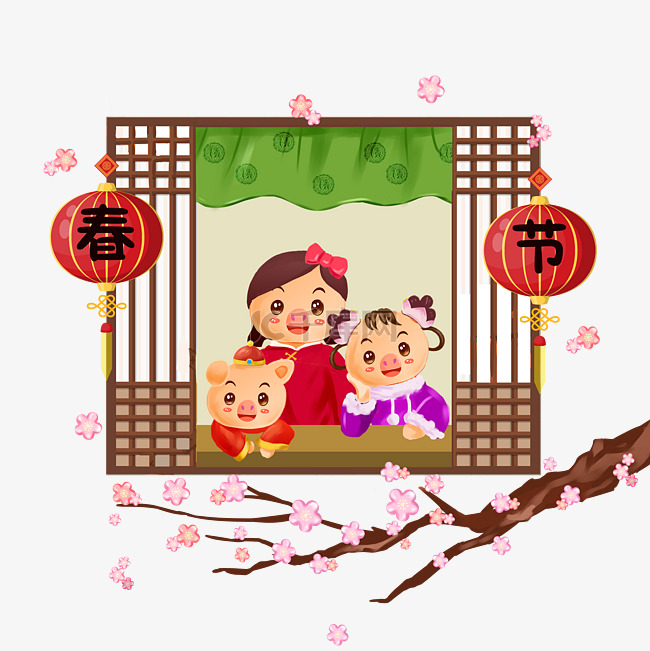 卡通灯笼春节插画新年小猪