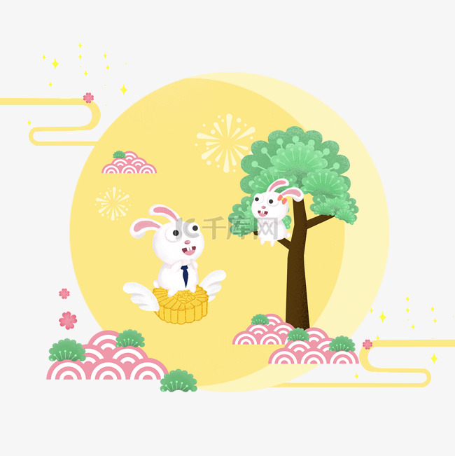 中秋节暖色卡通手绘温馨兔子团聚