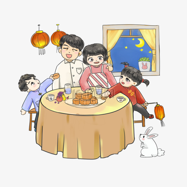 手绘卡通中秋节中秋全家团聚吃月