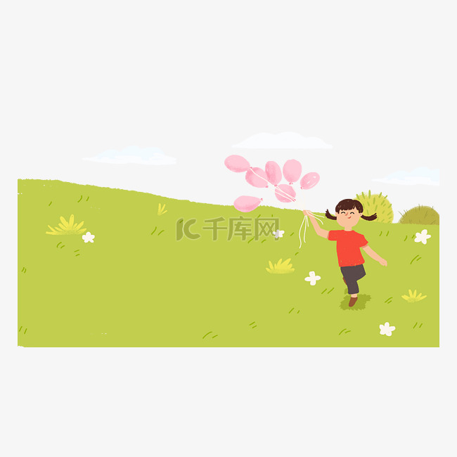 手绘卡通在草地上玩耍的小女孩元