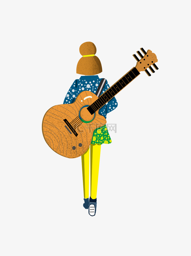 手绘卡通背着吉他的时尚音乐人美