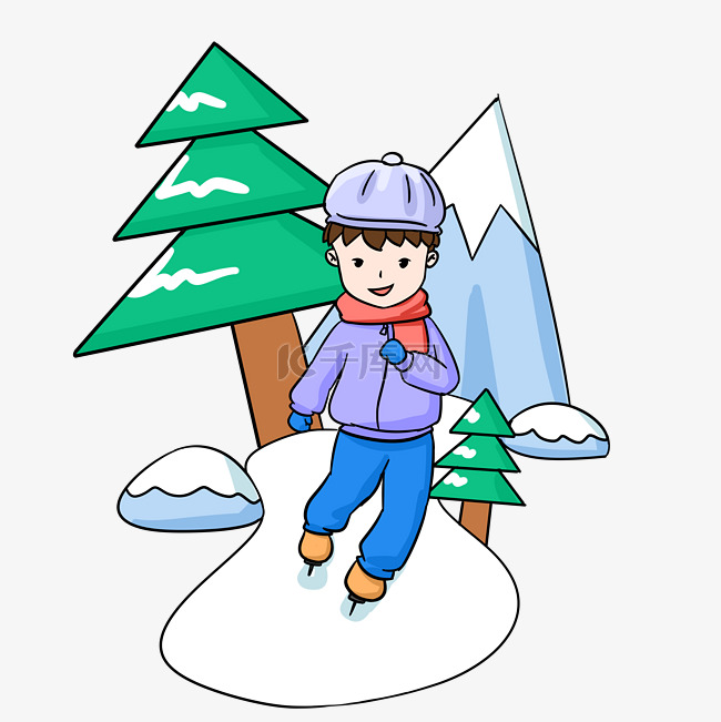 卡通手绘男孩冬季滑雪插画