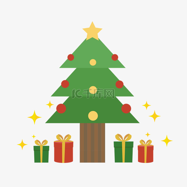 圣诞节卡通扁平圣诞树礼物元素