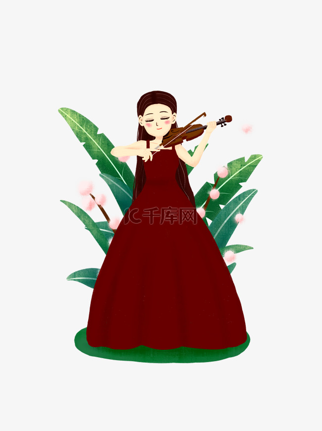 手绘美女小提琴乐器演奏场景素材