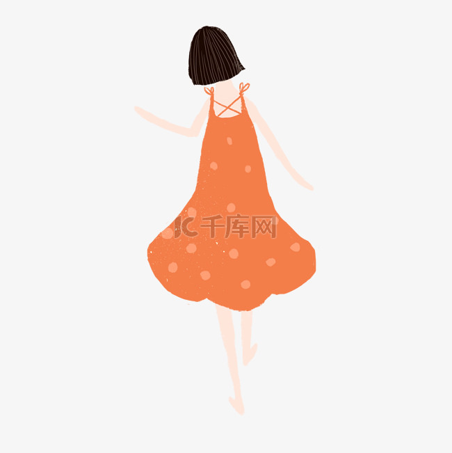 穿着橙色裙子的女孩背影 