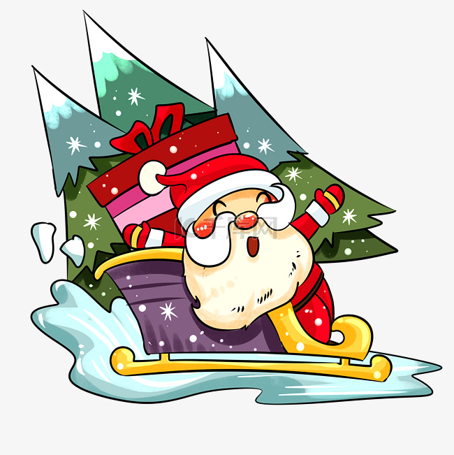 圣诞节圣诞老人雪橇车手绘插画