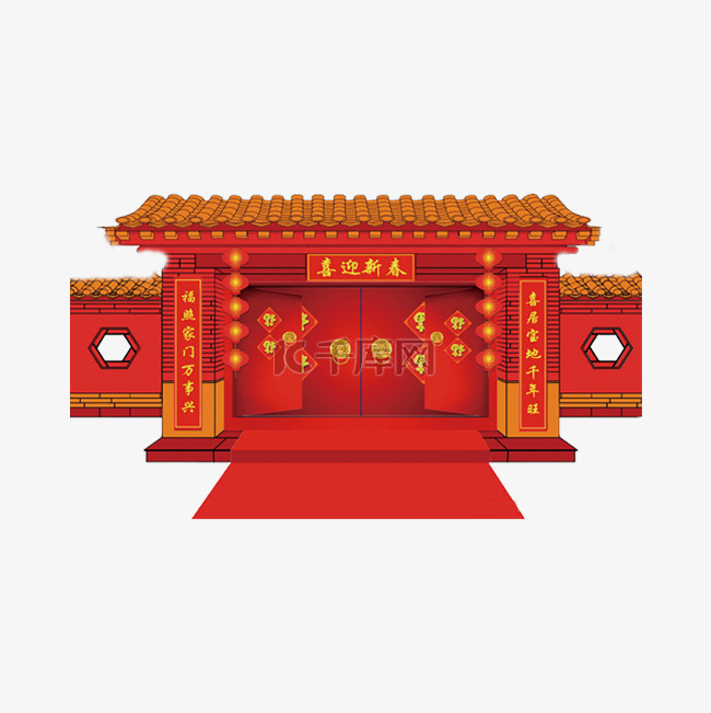 红色喜迎新春的古代大红门