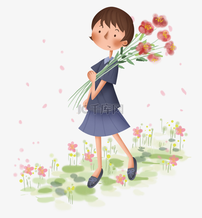春天草地上拿花束的少女