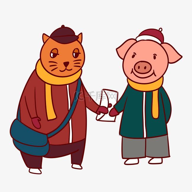 手绘矢量卡通猪年新年小猪和猫