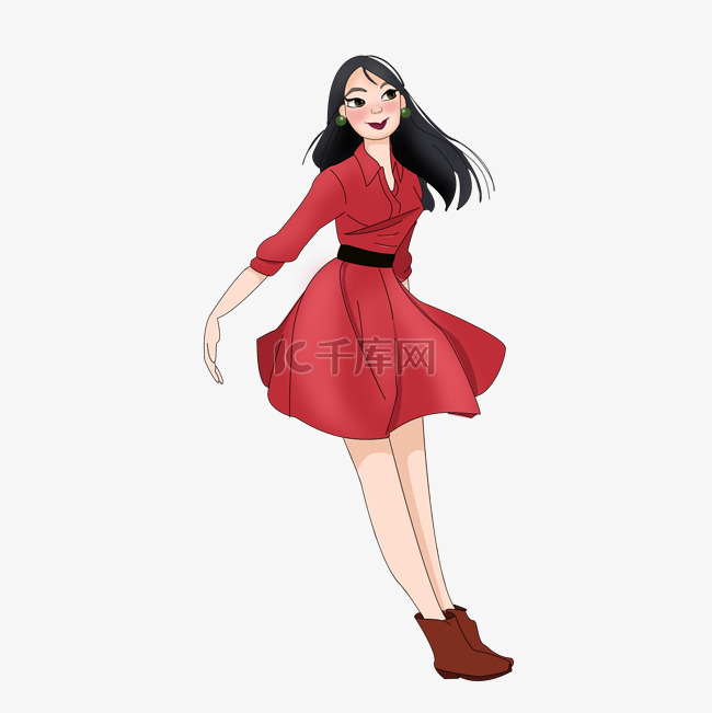 手绘全身穿红裙子的女生png格式