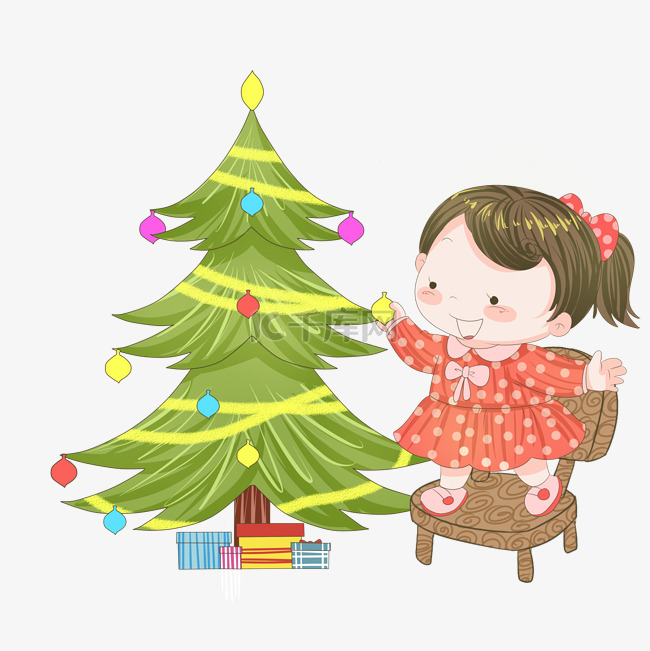 圣诞节插画装饰圣诞树的女孩