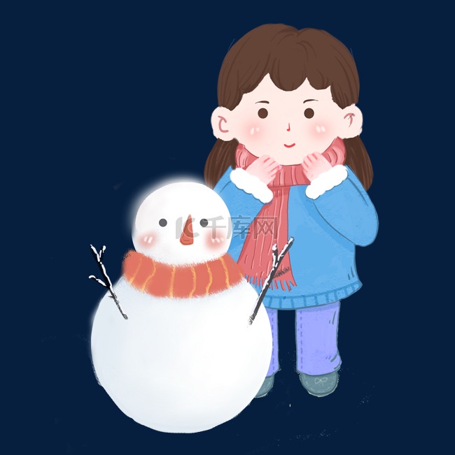 冬季白色的雪人和小女孩