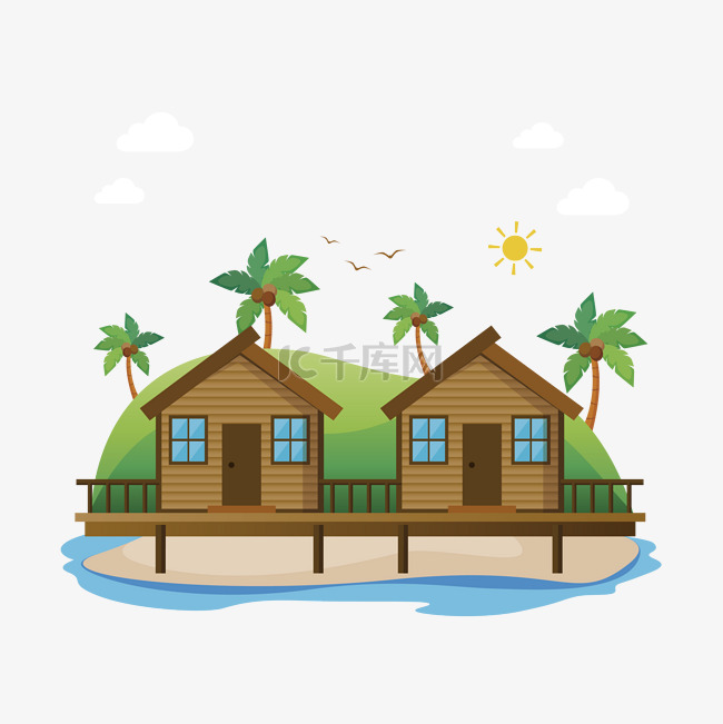 小清新海上风景岛屿的房子